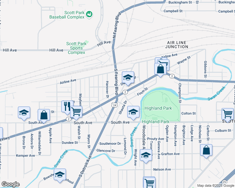 map of restaurants, bars, coffee shops, grocery stores, and more near 329-365 South Fearing Boulevard in Toledo