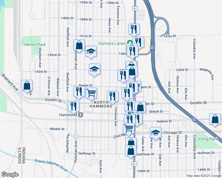 map of restaurants, bars, coffee shops, grocery stores, and more near 4348 Torrence Avenue in Hammond