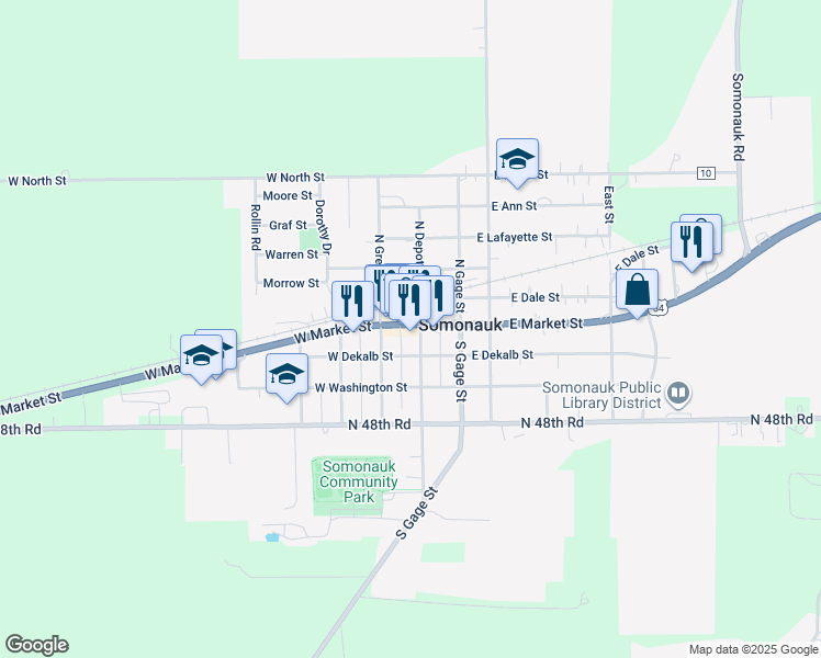 map of restaurants, bars, coffee shops, grocery stores, and more near 120 West Market Street in Somonauk