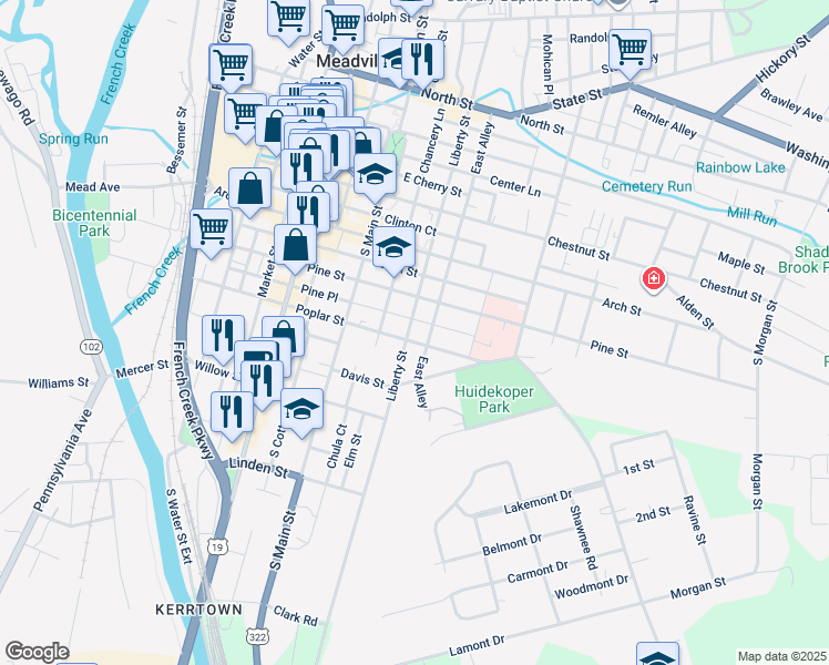map of restaurants, bars, coffee shops, grocery stores, and more near 1051 Liberty Street in Meadville