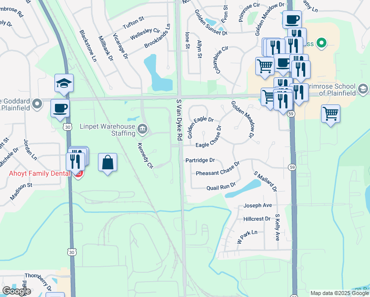map of restaurants, bars, coffee shops, grocery stores, and more near 24350 Golden Eagle Drive in Plainfield