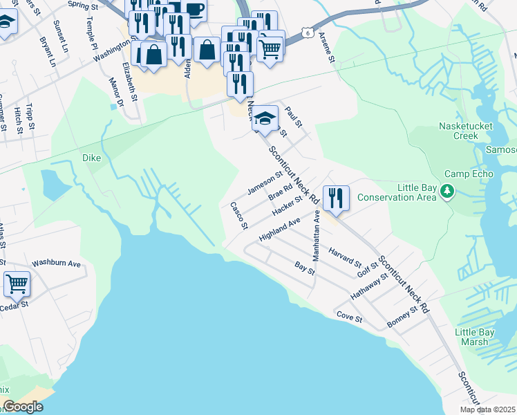 map of restaurants, bars, coffee shops, grocery stores, and more near 26 Brae Road in Fairhaven