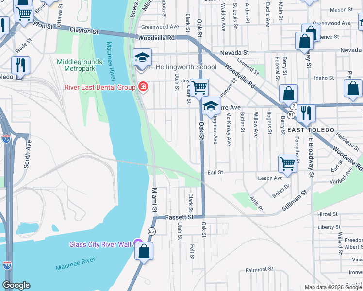 map of restaurants, bars, coffee shops, grocery stores, and more near 905 Utah Street in Toledo