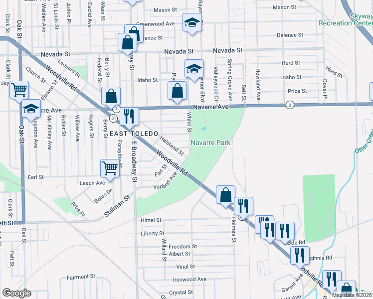 map of restaurants, bars, coffee shops, grocery stores, and more near 1014 White Street in Toledo