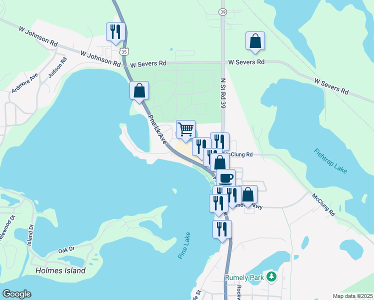map of restaurants, bars, coffee shops, grocery stores, and more near 1301 Pine Lake Road in La Porte