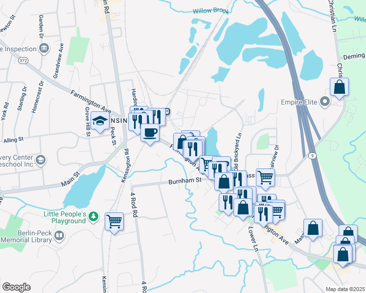 map of restaurants, bars, coffee shops, grocery stores, and more near 913 Farmington Avenue in Berlin