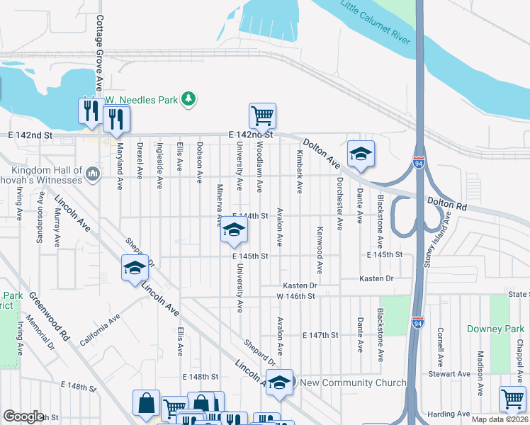 map of restaurants, bars, coffee shops, grocery stores, and more near 14347 Woodlawn Avenue in Dolton