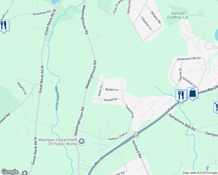 map of restaurants, bars, coffee shops, grocery stores, and more near 14 Butler Lane in Mashpee