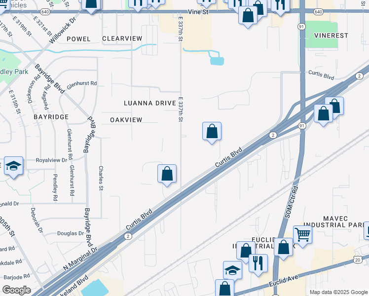 map of restaurants, bars, coffee shops, grocery stores, and more near 1721 East 337th Street in Eastlake