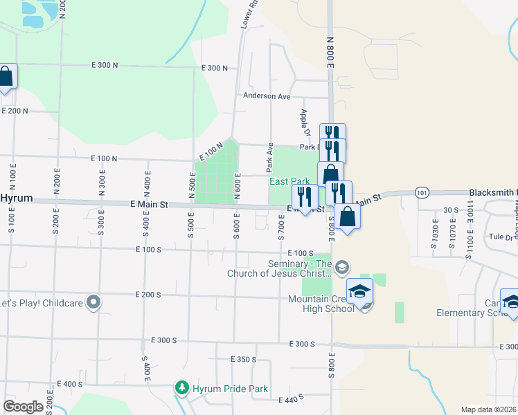 map of restaurants, bars, coffee shops, grocery stores, and more near 640 Utah 101 in Hyrum
