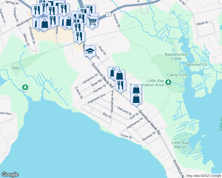 map of restaurants, bars, coffee shops, grocery stores, and more near 67 Hacker Street in Fairhaven