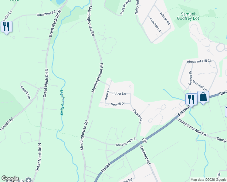 map of restaurants, bars, coffee shops, grocery stores, and more near 14 Butler Lane in Mashpee