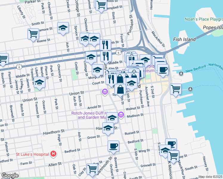 map of restaurants, bars, coffee shops, grocery stores, and more near 443 County Street in New Bedford