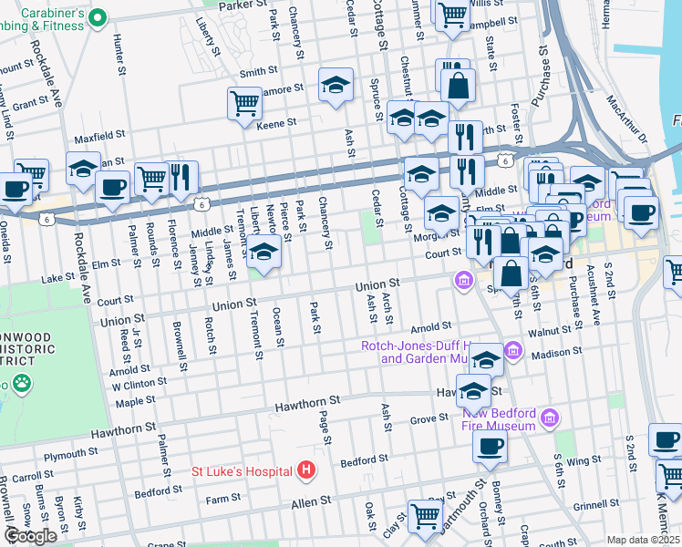 map of restaurants, bars, coffee shops, grocery stores, and more near 155 Court Street in New Bedford