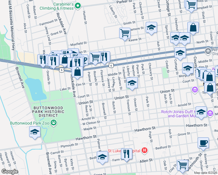 map of restaurants, bars, coffee shops, grocery stores, and more near 32 Florence Street in New Bedford