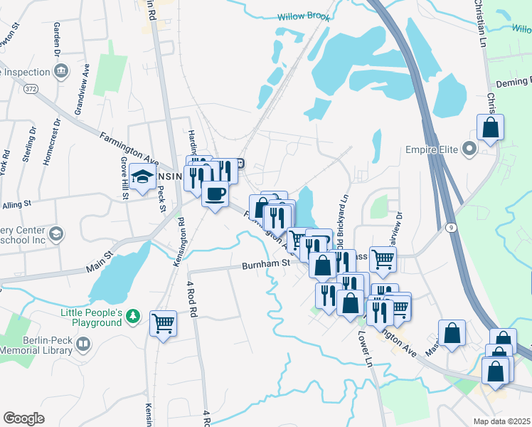 map of restaurants, bars, coffee shops, grocery stores, and more near 913 Farmington Avenue in Berlin