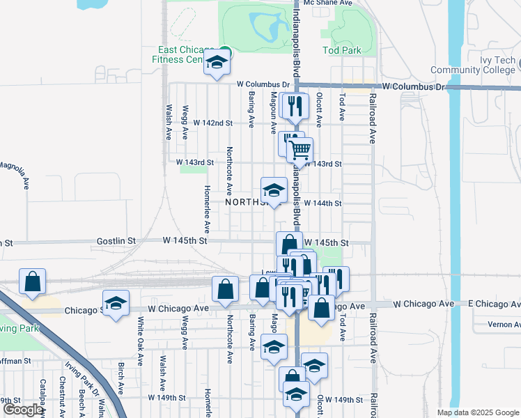 map of restaurants, bars, coffee shops, grocery stores, and more near 910-998 West 144th Street in East Chicago