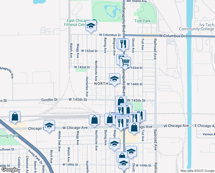 map of restaurants, bars, coffee shops, grocery stores, and more near 910-998 West 144th Street in East Chicago