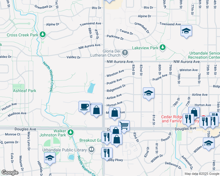 map of restaurants, bars, coffee shops, grocery stores, and more near 8500 Prairie Avenue in Urbandale