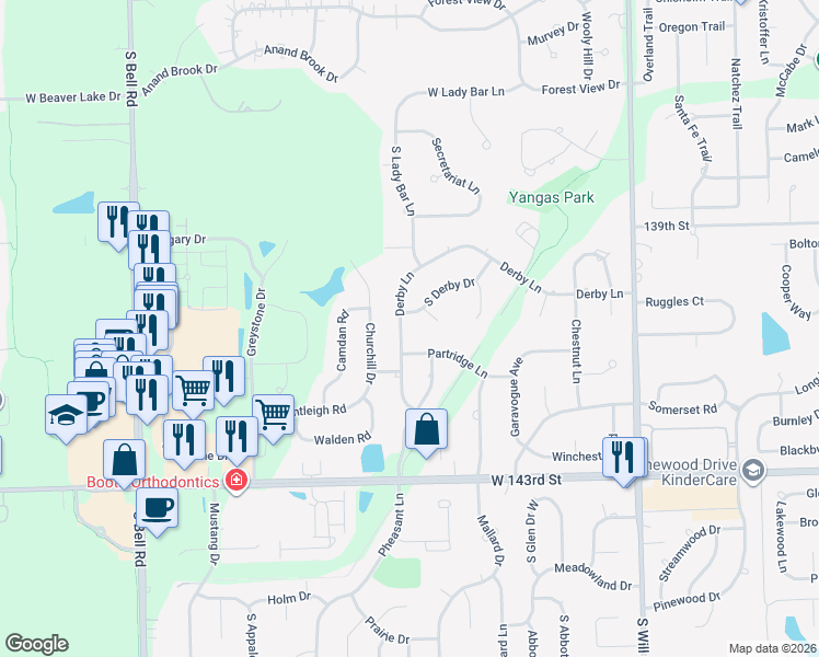 map of restaurants, bars, coffee shops, grocery stores, and more near 12330 Derby Lane in Orland Park