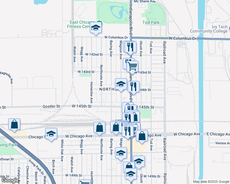 map of restaurants, bars, coffee shops, grocery stores, and more near 910-998 West 144th Street in East Chicago