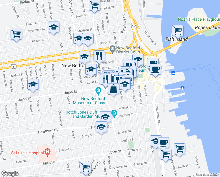 map of restaurants, bars, coffee shops, grocery stores, and more near 278 Union Street in New Bedford
