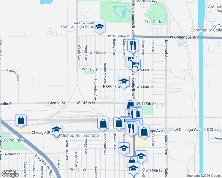 map of restaurants, bars, coffee shops, grocery stores, and more near 1015 West 144th Street in East Chicago