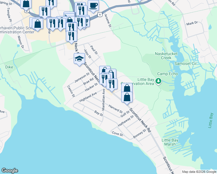 map of restaurants, bars, coffee shops, grocery stores, and more near 121 Sconticut Neck Road in Fairhaven