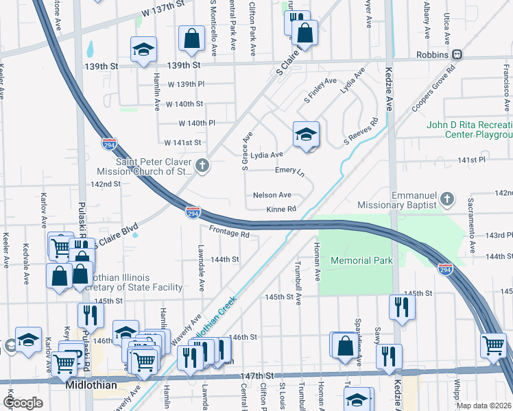 map of restaurants, bars, coffee shops, grocery stores, and more near 3217 Nelson Avenue in Robbins