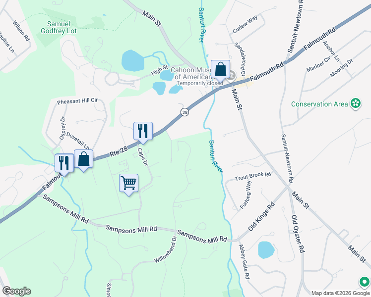 map of restaurants, bars, coffee shops, grocery stores, and more near 228 Dun Robin Road in Mashpee