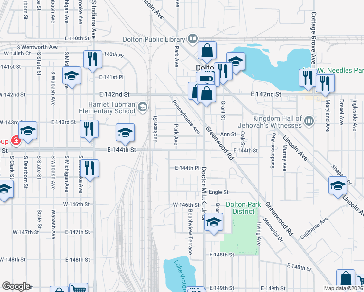 map of restaurants, bars, coffee shops, grocery stores, and more near 517 Monroe Street in Dolton