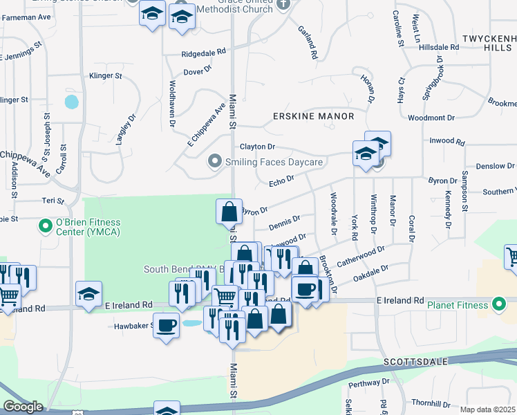 map of restaurants, bars, coffee shops, grocery stores, and more near 1133 Byron Drive in South Bend