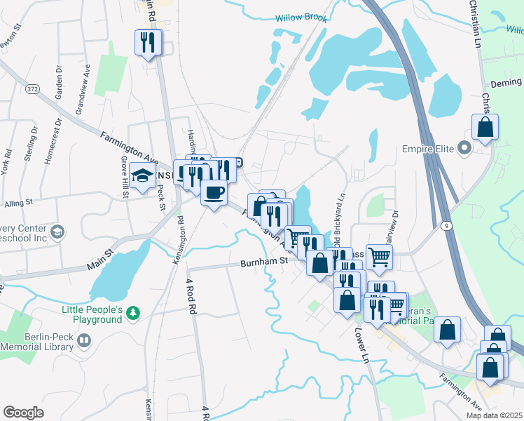 map of restaurants, bars, coffee shops, grocery stores, and more near 913 Farmington Avenue in Berlin