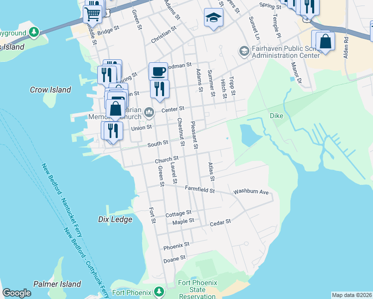 map of restaurants, bars, coffee shops, grocery stores, and more near 77 Chestnut Street in Fairhaven