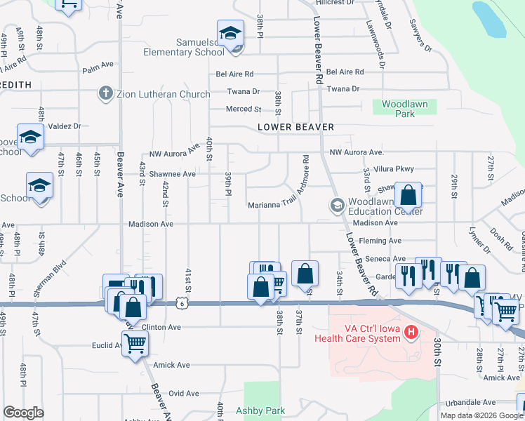 map of restaurants, bars, coffee shops, grocery stores, and more near 3813 Marianna Trail in Des Moines