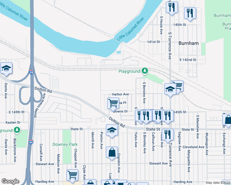 map of restaurants, bars, coffee shops, grocery stores, and more near 1700 Harbor Avenue in Calumet City