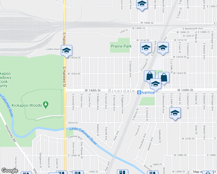map of restaurants, bars, coffee shops, grocery stores, and more near 513 W 144th St in Riverdale