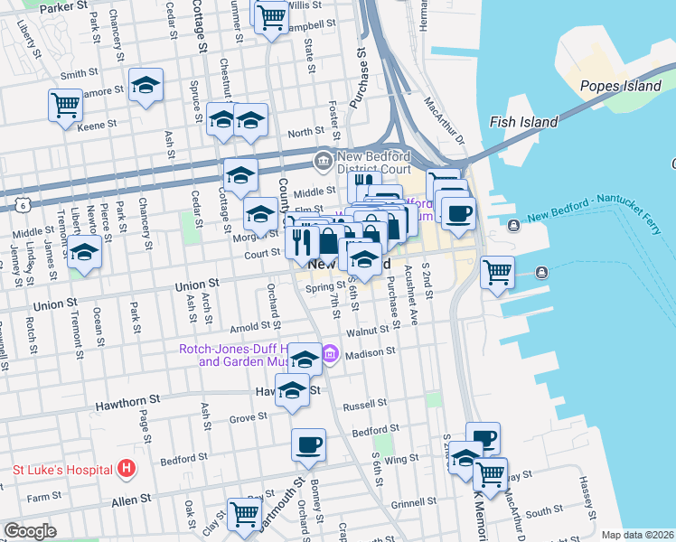 map of restaurants, bars, coffee shops, grocery stores, and more near in New Bedford