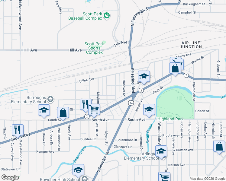 map of restaurants, bars, coffee shops, grocery stores, and more near 308 Somerset Street in Toledo