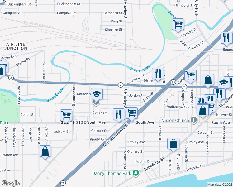 map of restaurants, bars, coffee shops, grocery stores, and more near 1130 Gordon Street in Toledo