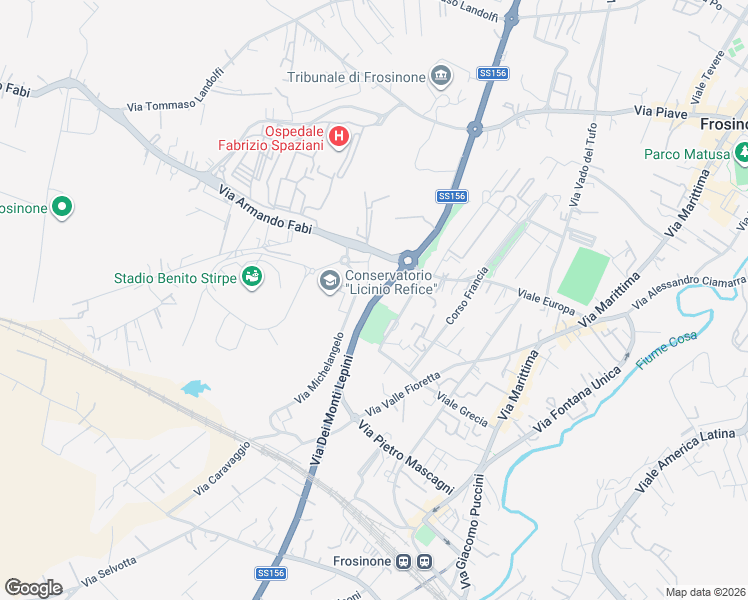 map of restaurants, bars, coffee shops, grocery stores, and more near Via dei Monti Lepini in Frosinone