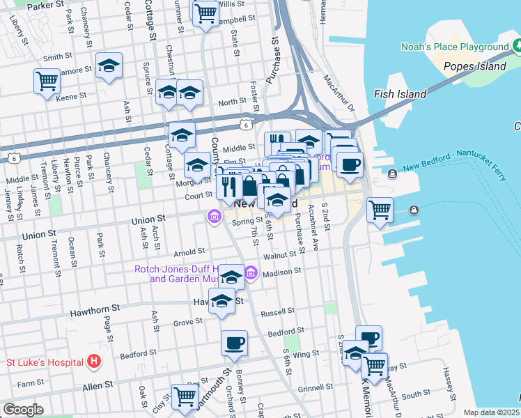 map of restaurants, bars, coffee shops, grocery stores, and more near in New Bedford