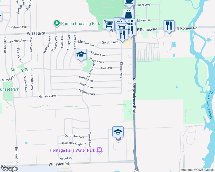 map of restaurants, bars, coffee shops, grocery stores, and more near 218 Healy Avenue in Romeoville