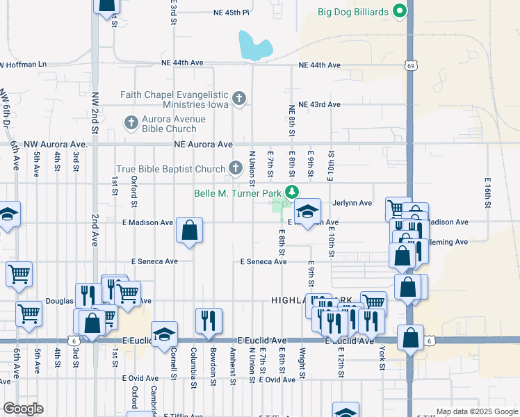 map of restaurants, bars, coffee shops, grocery stores, and more near 4024 North Union Street in Des Moines