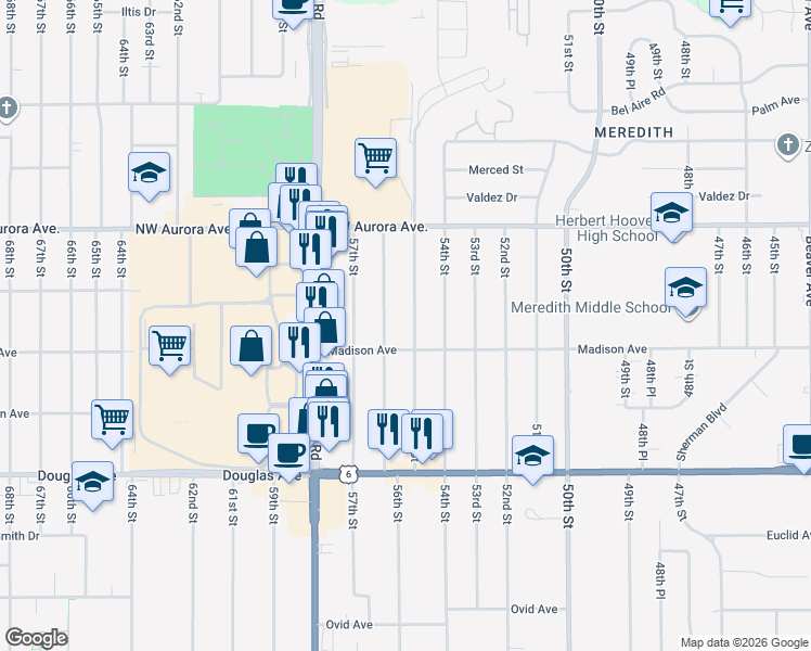 map of restaurants, bars, coffee shops, grocery stores, and more near 4025 56th Street in Des Moines