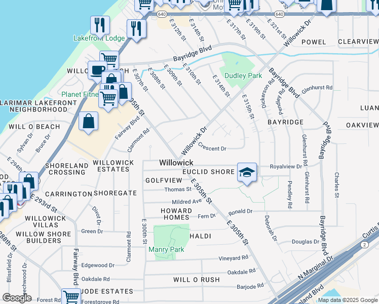 map of restaurants, bars, coffee shops, grocery stores, and more near 30529 Willowick Drive in Willowick