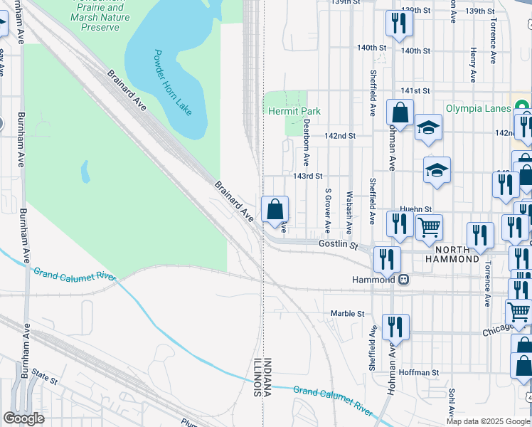 map of restaurants, bars, coffee shops, grocery stores, and more near 4405 State Line Avenue in Hammond