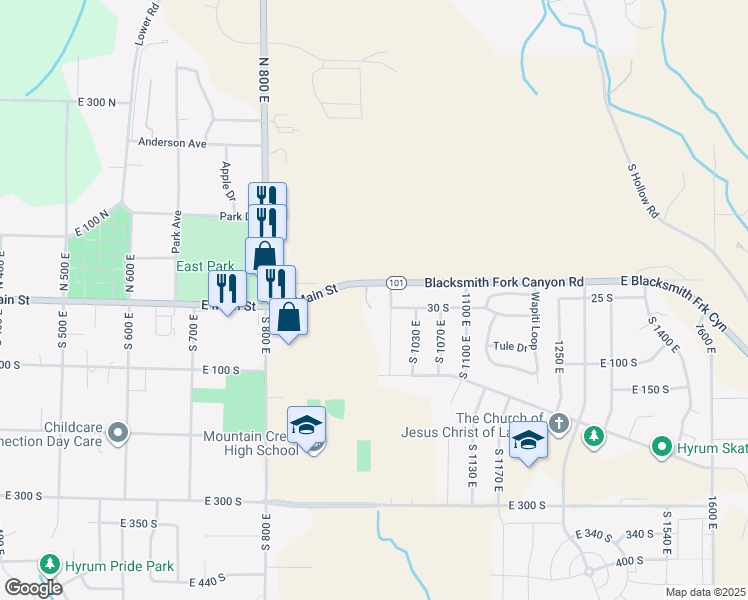 map of restaurants, bars, coffee shops, grocery stores, and more near 960 Utah 101 in Hyrum