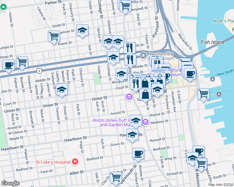 map of restaurants, bars, coffee shops, grocery stores, and more near 7 North Orchard Street in New Bedford