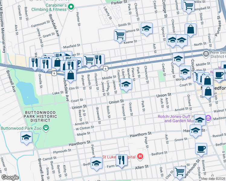 map of restaurants, bars, coffee shops, grocery stores, and more near 24 Lindsey Street in New Bedford